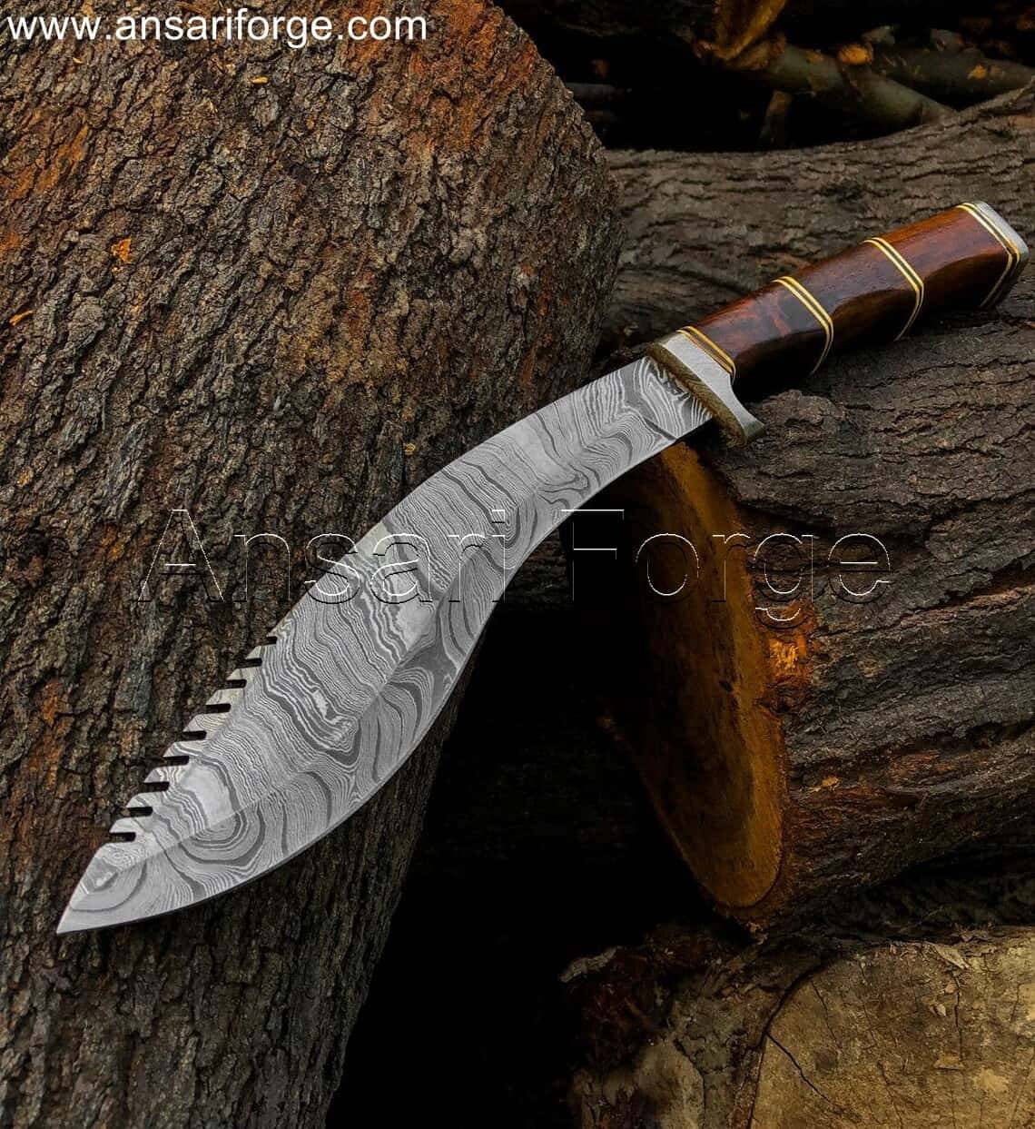 Kukri knife with Damascus steel blade and rosewood handle.