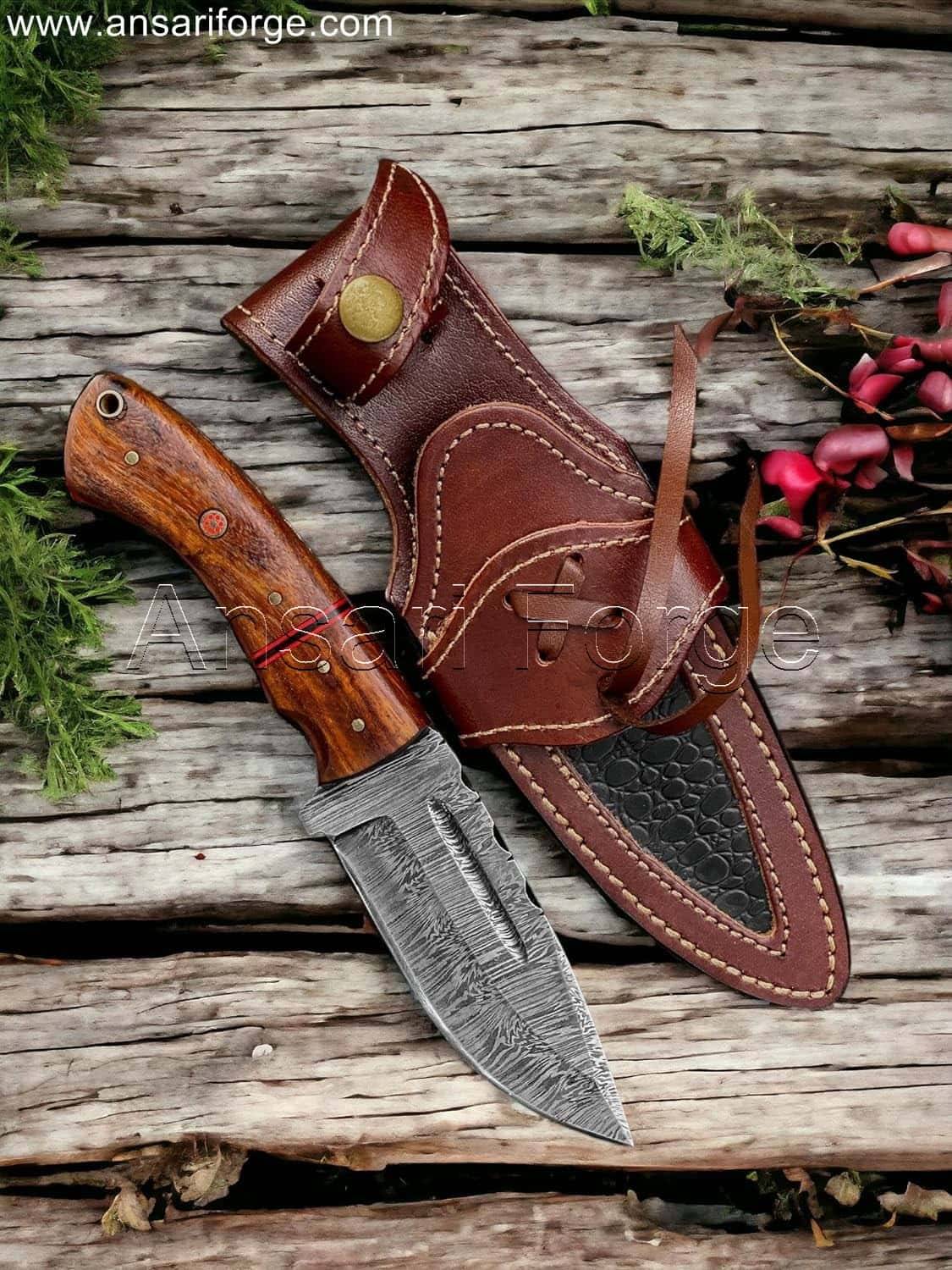 Damascus Camping Knife with fire pattern blade, rosewood handle, and leather sheath.