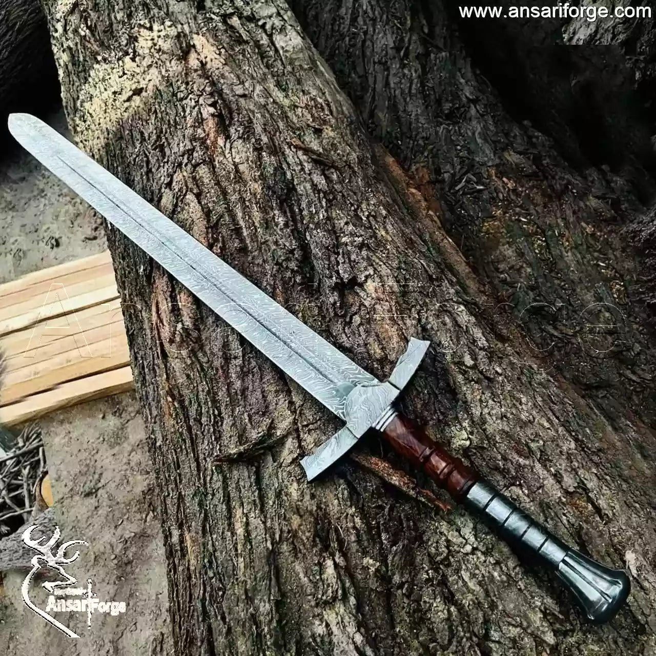Hand-Forged Custom Knight Sword (38") by Ansari Forge with Rosewood Scabbard and Damascus Steel Hilt.