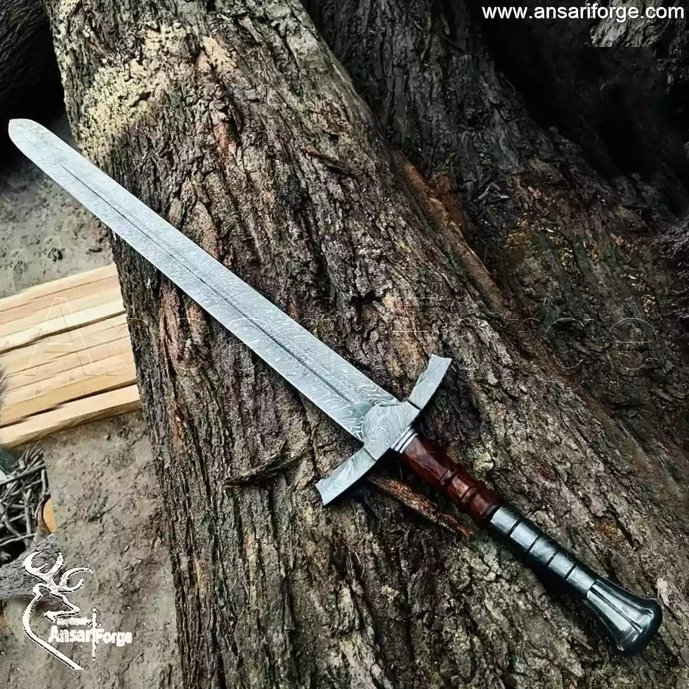Hand-Forged Custom Knight Sword (38") by Ansari Forge with Rosewood Scabbard and Damascus Steel Hilt.