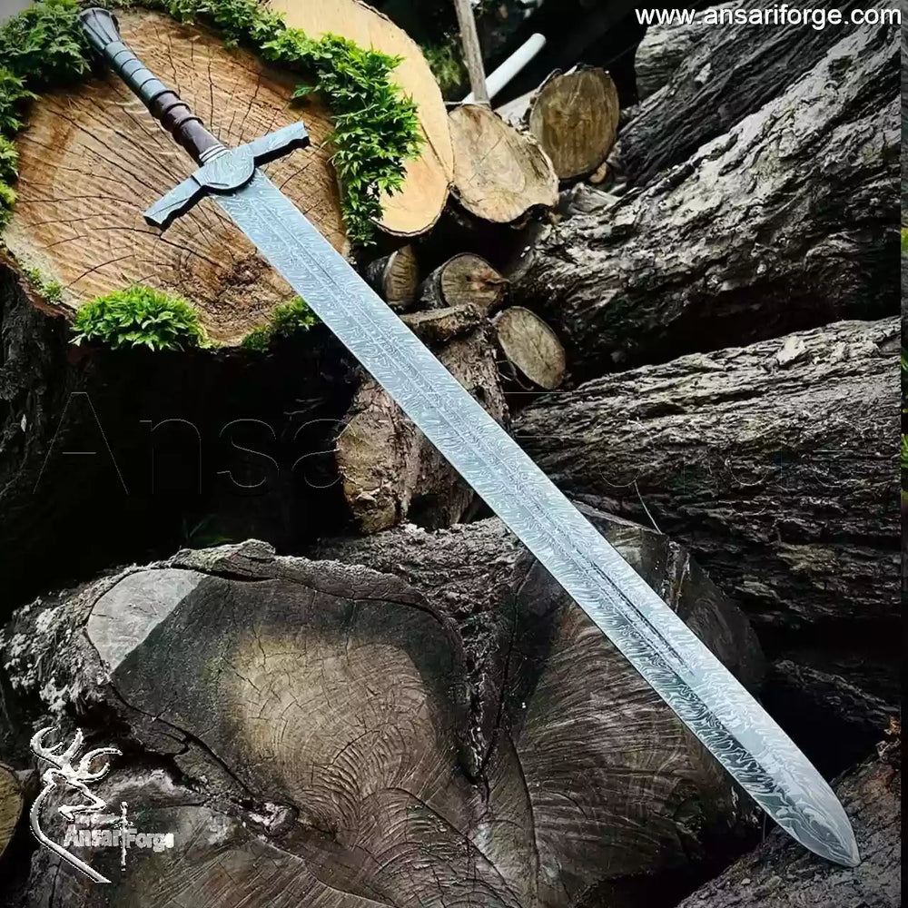 Hand-Forged Custom Knight Sword (38") by Ansari Forge with Rosewood Scabbard and Damascus Steel Hilt.