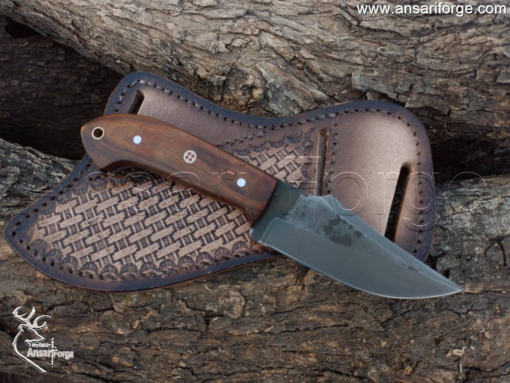 Traditional Cowboy Knife, hand-forged 5160 high carbon steel blade, rosewood handle, and leather sheath.