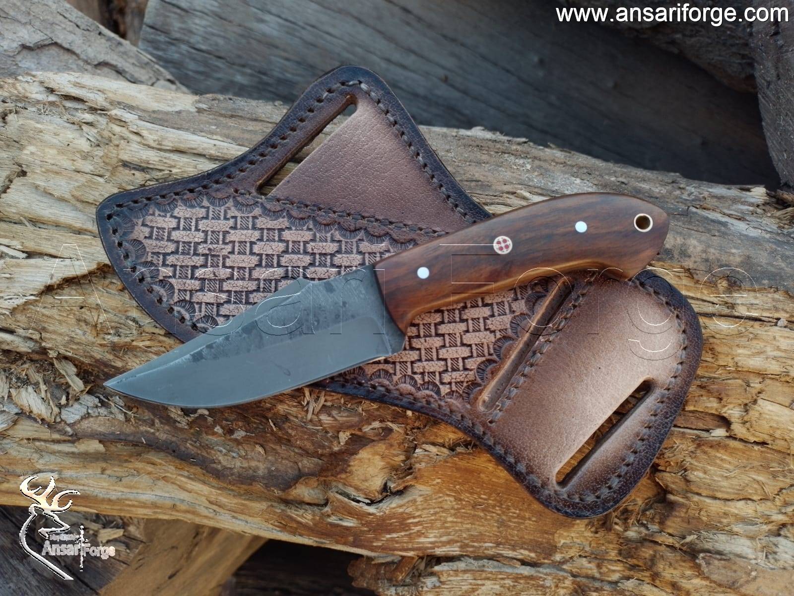 Traditional Cowboy Knife, hand-forged 5160 high carbon steel blade, rosewood handle, and leather sheath.