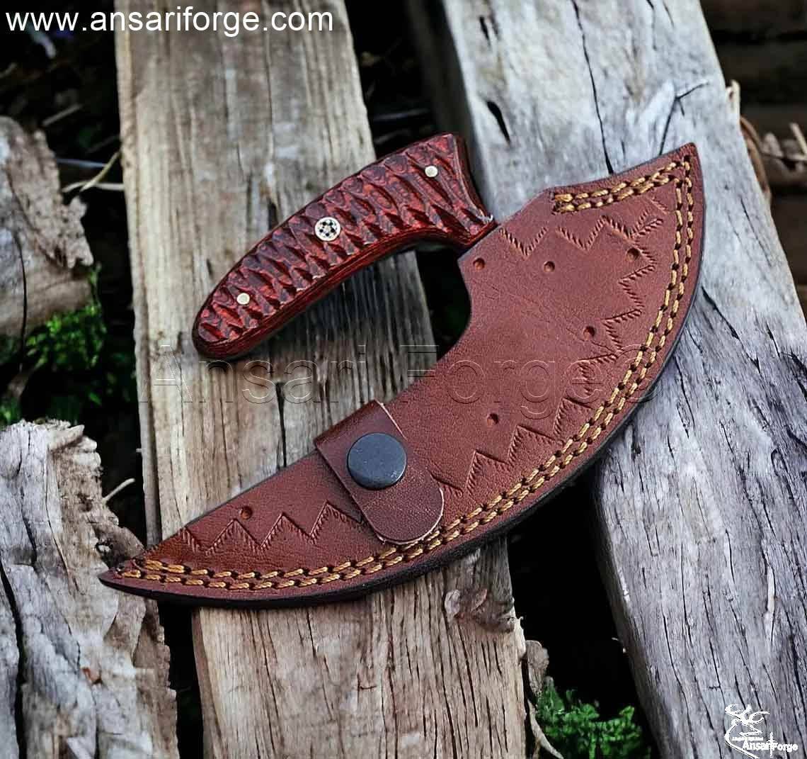 Rain drop Damascus blade ulu knife in leather sheath. Buy now!