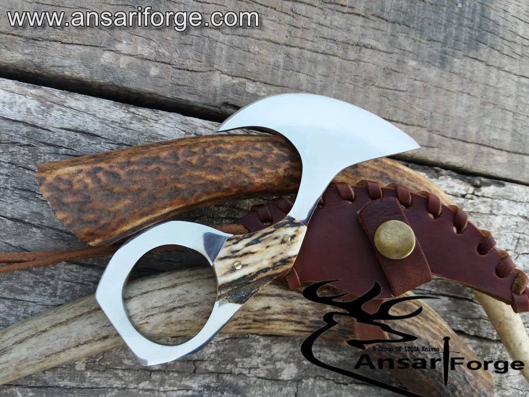 Ansari Forge handmade EDC neck knife with finger hole grip and leather sheath