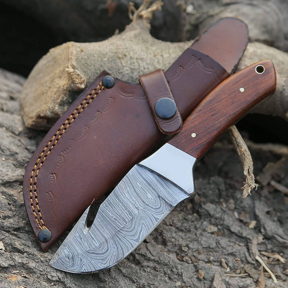 Custom handmade Damascus steel Hunting knife, Fixed blade Gut hook Knife with leather sheath.