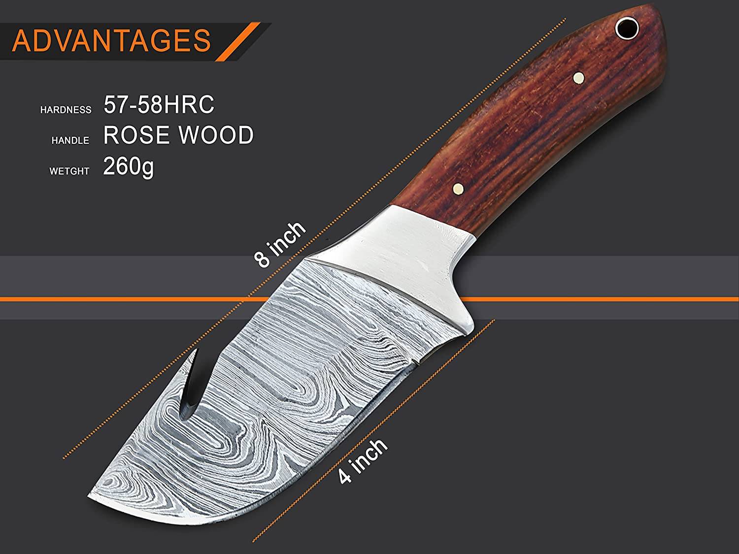 Full view of the 8-inch hunting knife with gut hook, emphasizing its craftsmanship and design.