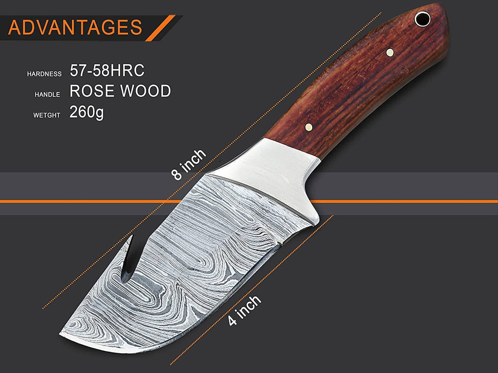 Full view of the 8-inch hunting knife with gut hook, emphasizing its craftsmanship and design.