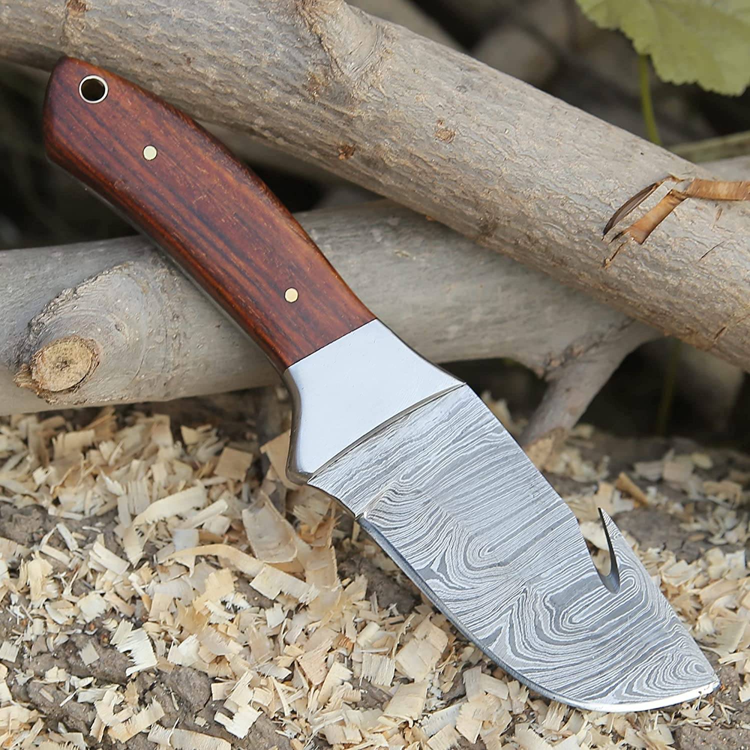Full view of the 8-inch hunting knife with gut hook, emphasizing its craftsmanship and design.