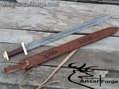 Ansari Forge Handmade Viking Sword - 580 layers of folded steel creating a stunning Damascus pattern.