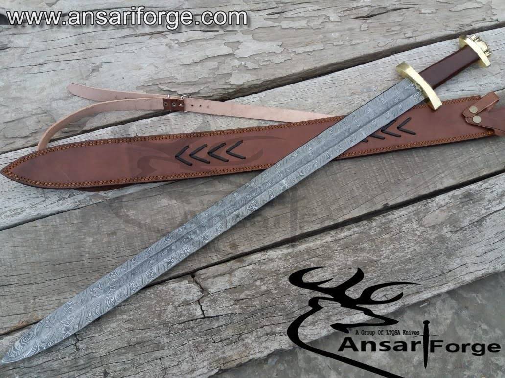 Hand forged Damascus steel sword with twist pattern blade.