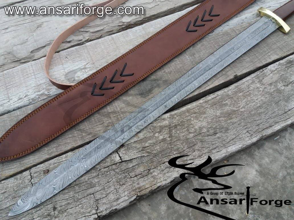 Handmade Viking Damascus Sword - Close-up of the intricately patterned blade.