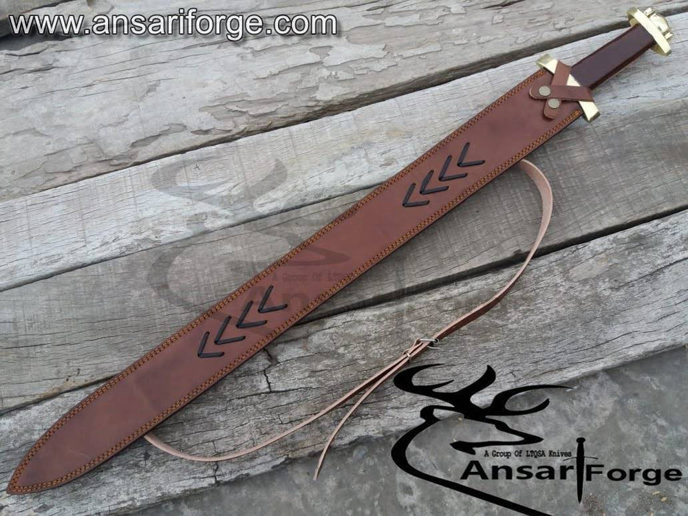 Viking Damascus sword in brown leather sheath.