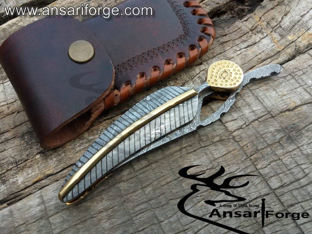 Handmade Damascus Pocket Knife in custom cowhide leather sheath, highlighting its elegant design.