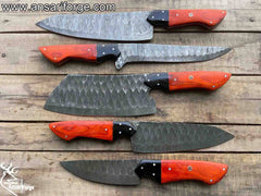 Handmade Damascus steel 5 pcs Chef Knives Set - Kitchen knife With Leather Carry Bag