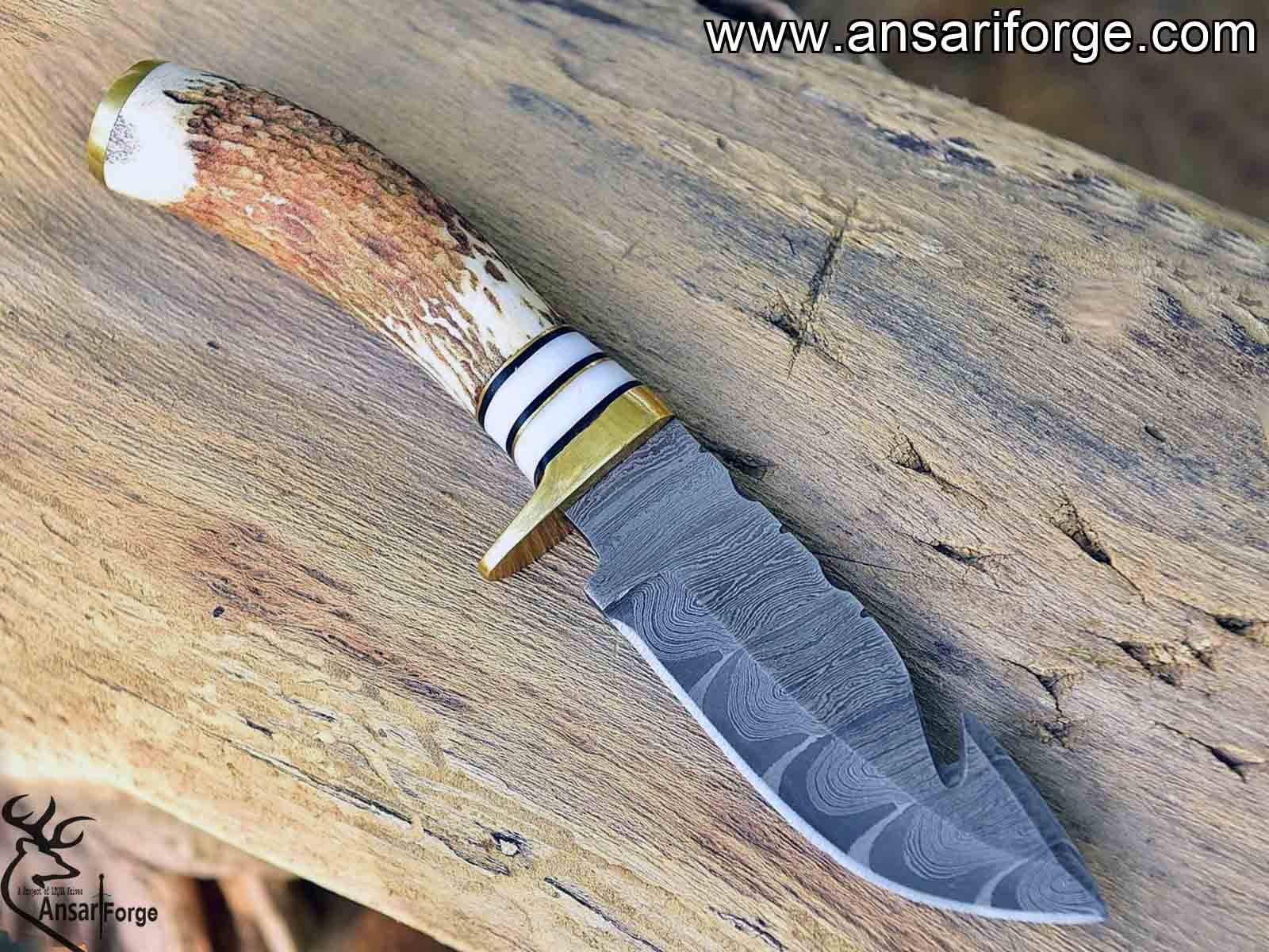 Damascus Steel Gut Hook Knife For Skinning Hunting 9 inch Fixed Blade Stag Handle  Leather Sheath
