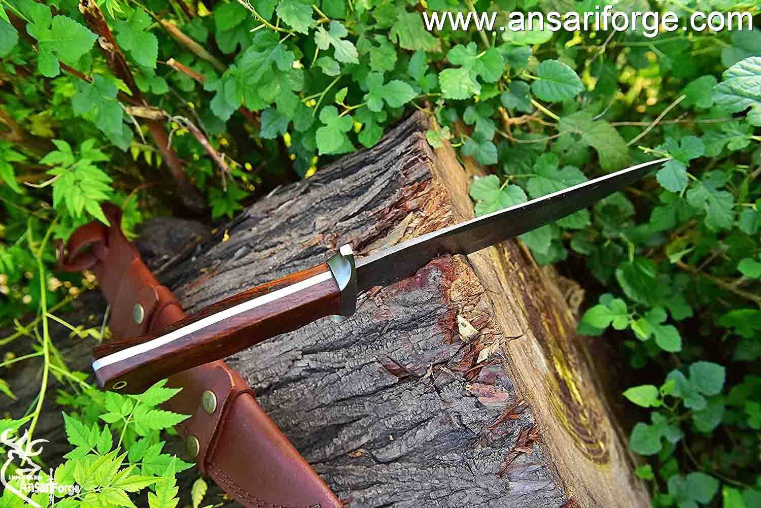 Handmade Damascus steel rain drop Bowie knife with leather sheath