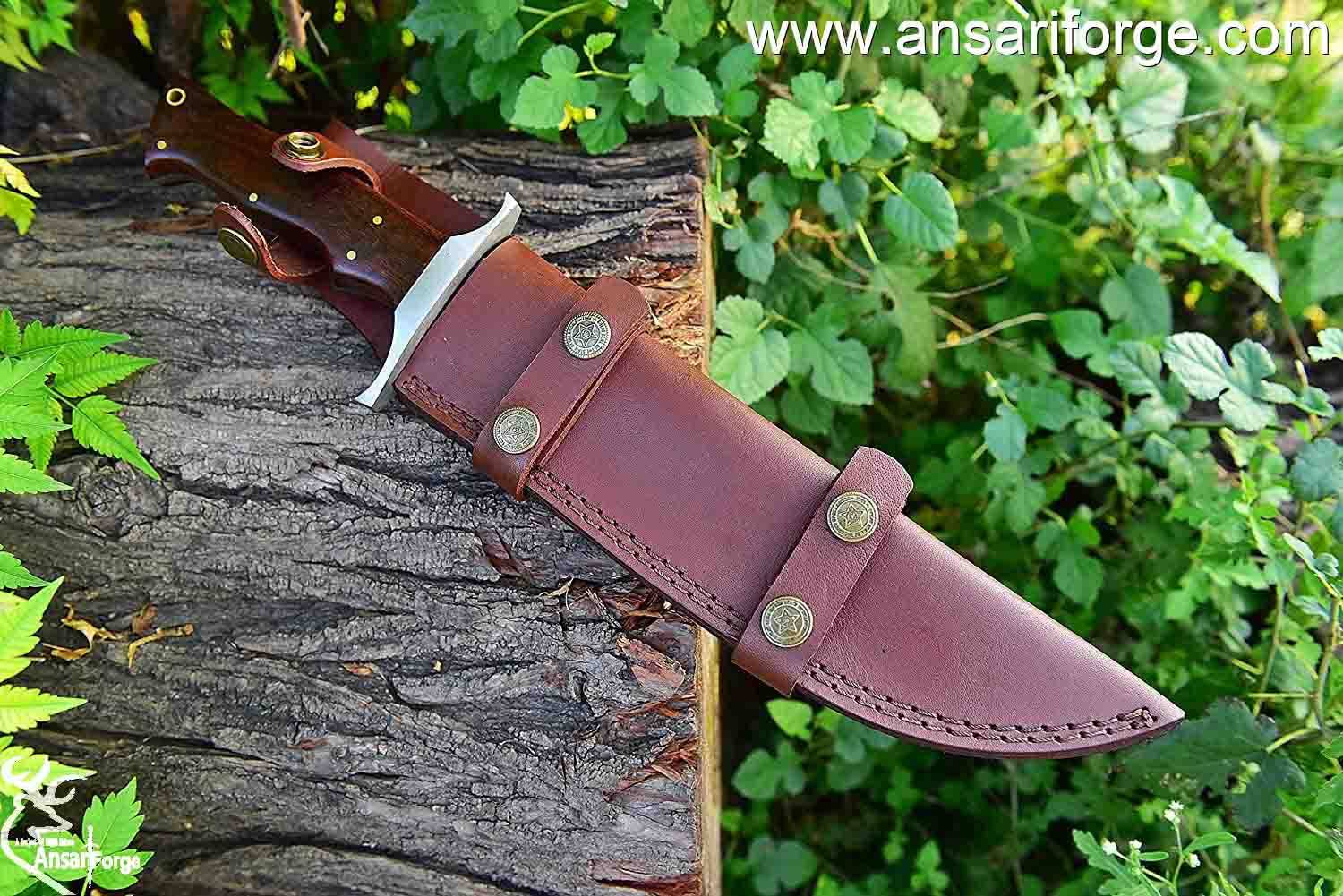 Handmade Damascus steel rain drop Bowie knife with leather sheath