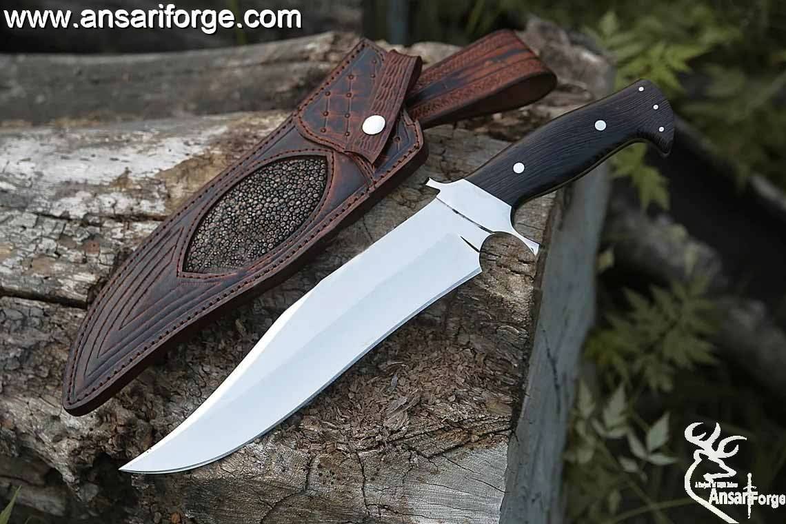 Handmade 440c Stainless Steel 15 Inches Bowie Knife - Fixed Blade Hunting Knives Solid Black Ebony Wood Handle and Stainless steel hilt with Leather Sheath