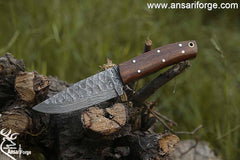 Handmade Damascus steel hunting deer skinning knife with leather sheath .