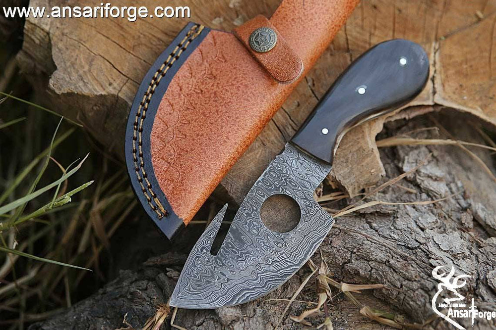 Gut Hook Knife Hand Forged Ladder Damascus Knife With Sheath