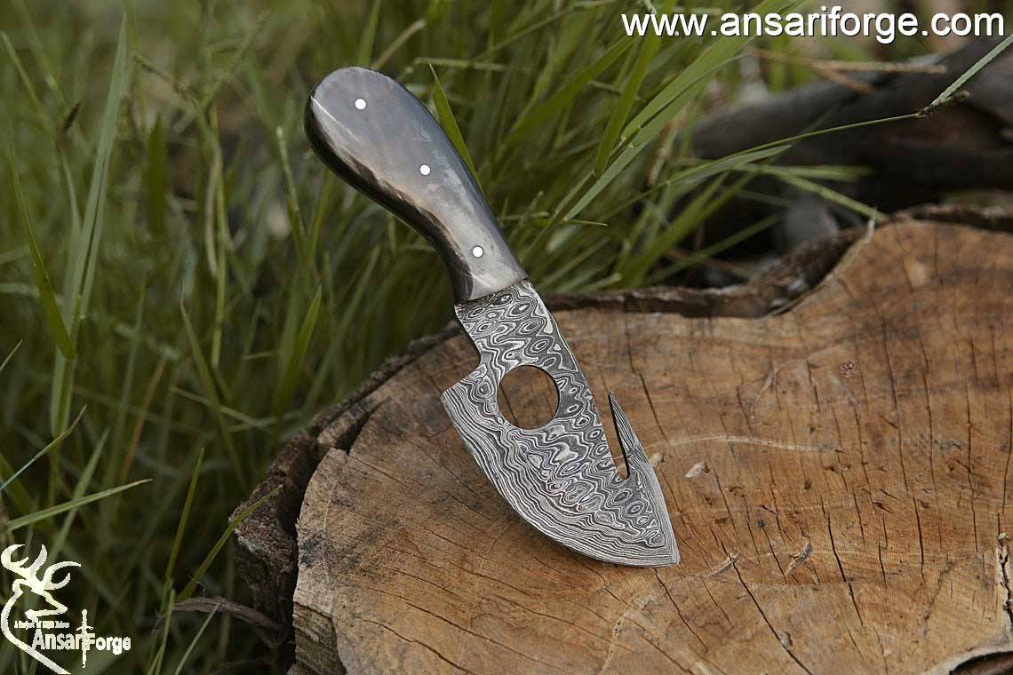 Gut Hook Knife Hand Forged Ladder Damascus Knife With Sheath