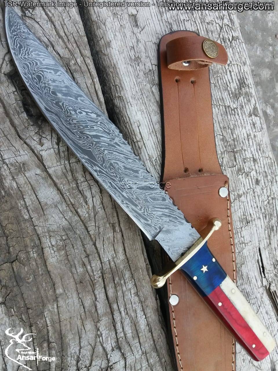 Bowie Damascus Steel Knife With Texas Flag Handle