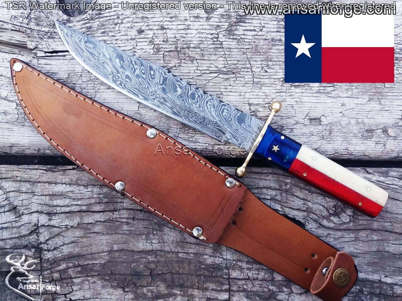 Bowie Damascus Steel Knife With Texas Flag Handle