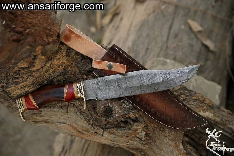 Damascus Bowie Knives Fancy Damascus Bowie Knife Custom Handmade Damascus Steel Hunting Damascus Bowie Knife With Cow Wood Handle Leather Sheath