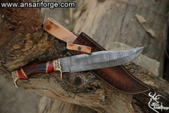Damascus Bowie Knives Fancy Damascus Bowie Knife Custom Handmade Damascus Steel Hunting Damascus Bowie Knife With Cow Wood Handle Leather Sheath