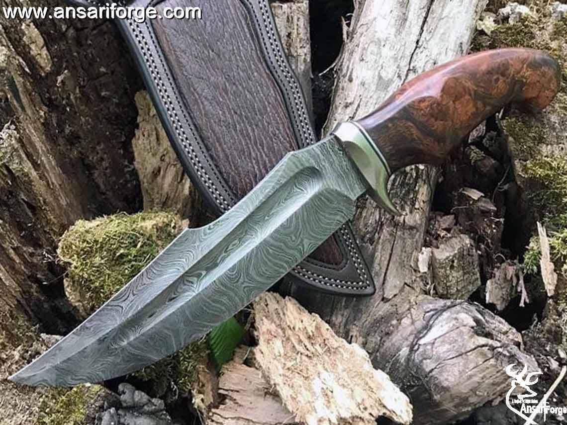 Classic Style Handmade Damascus Bowie Knife 13" inches Hunting Knife Wood Handle & Leather Sheath