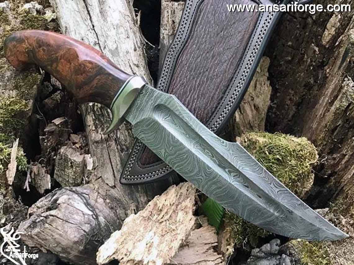 Classic Style Handmade Damascus Bowie Knife 15" inches Hunting Knife Wood Handle & Leather Sheath