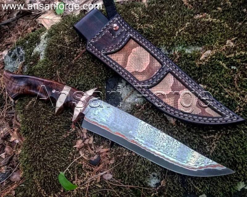 Copper Damascus Knife with Burl Wood Handle and Leather Sheath