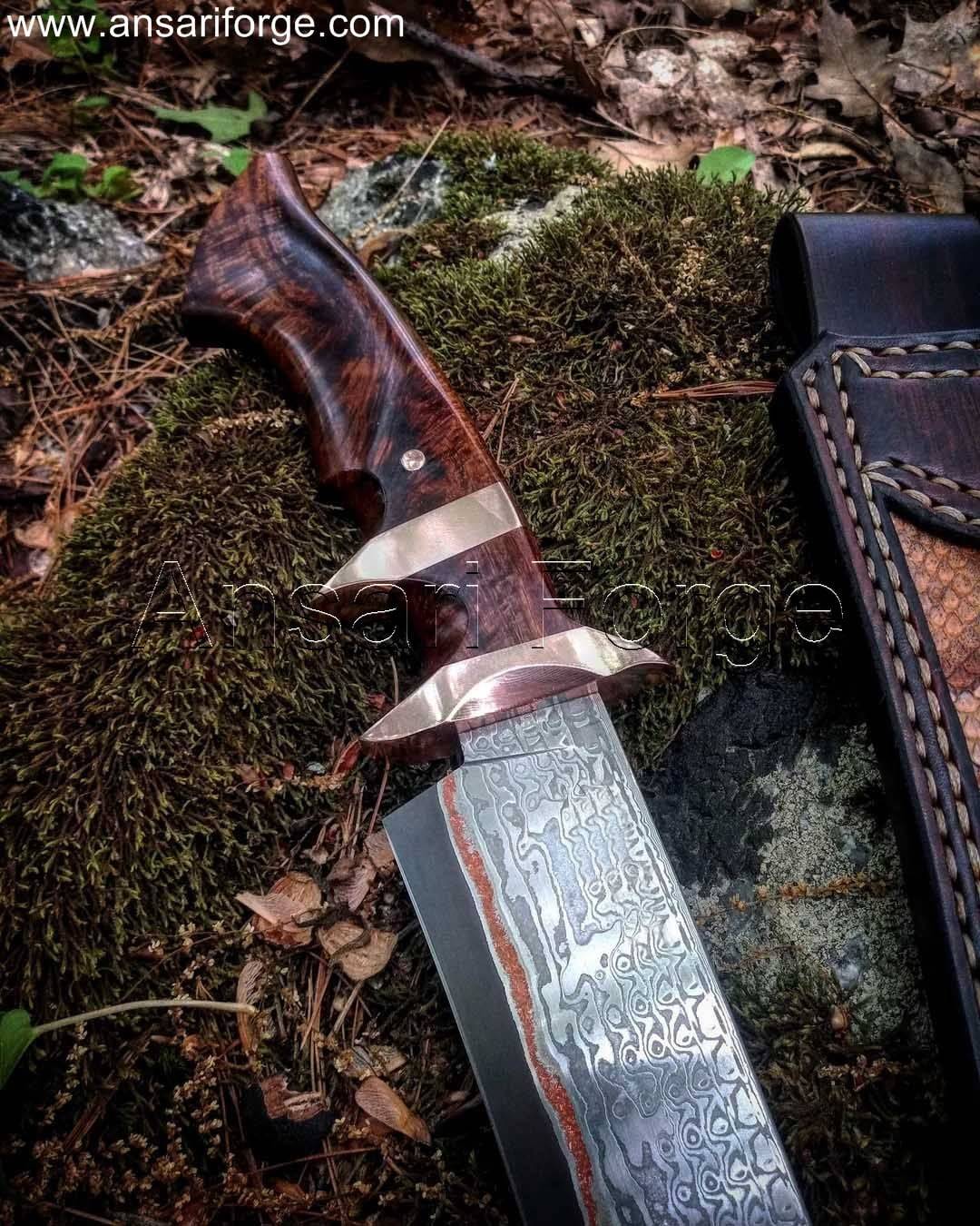 Hand-forged Copper Damascus Knife with Raindrop Pattern, Clip Point Blade, Burl Wood Handle, and Leather Sheath