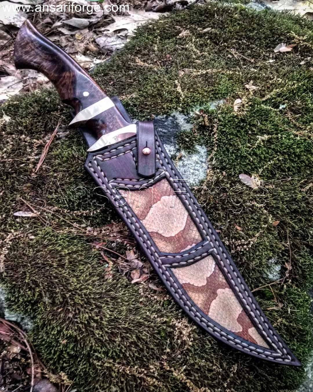 Copper Damascus knife , Sub Hilt Full Tang Bowie in handmade Leather sheath
