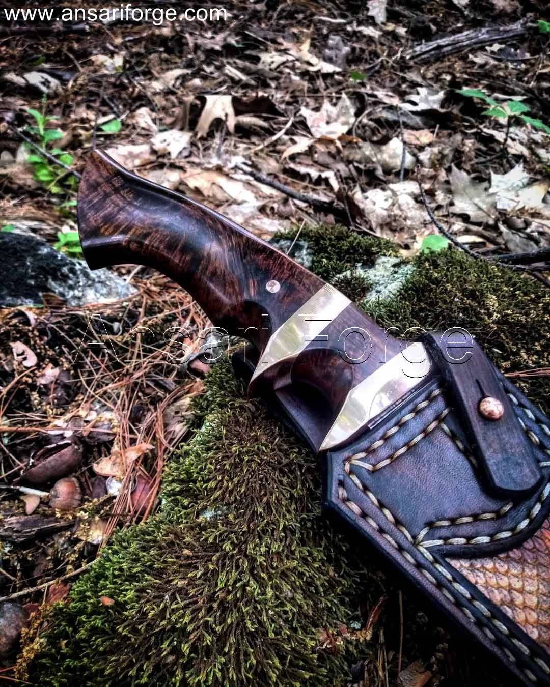 Copper Damascus Knife, Full Tang Bowie, Clip Point, Burl Wood Handle, Leather Sheath