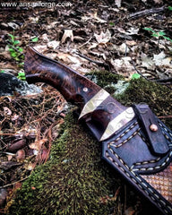 Copper Damascus Knife, Full Tang Bowie, Clip Point, Burl Wood Handle, Leather Sheath