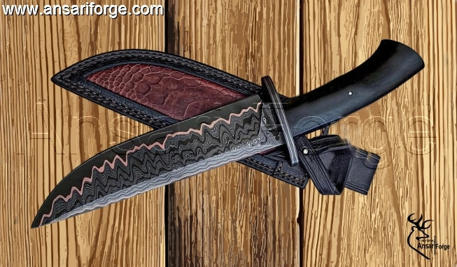 Full view of the Ansari Forge Copper Damascus Hunter Knife, featuring the 7.5-inch clip point blade and black micarta handle.