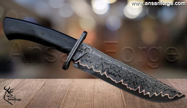 Full view of the Ansari Forge Copper Damascus Hunter Knife, featuring the 7.5-inch clip point blade and black micarta handle.