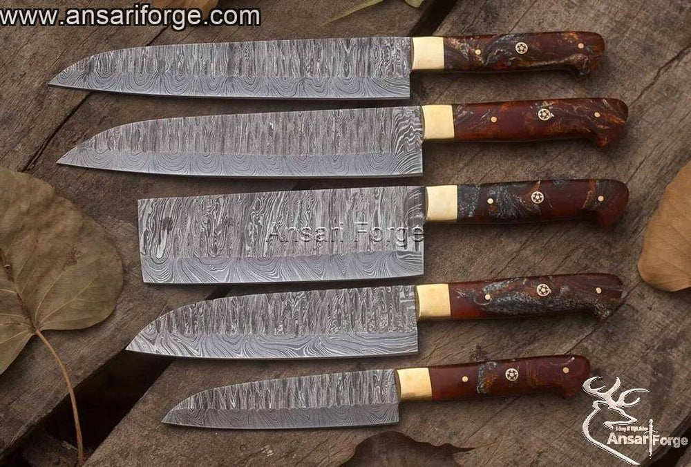 Damascus Kitchen Knife Set, 5 knives+ roll bag.