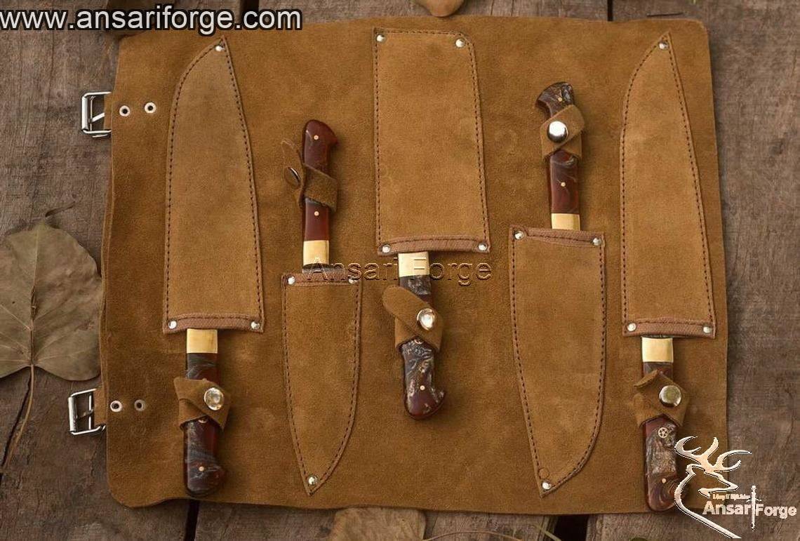 Damascus Kitchen Knife Set, 5 knives+ roll bag.