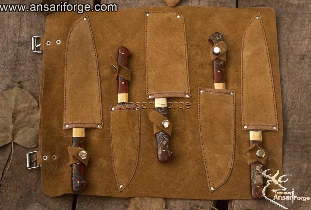 Damascus Kitchen Knife Set, 5 knives+ roll bag.