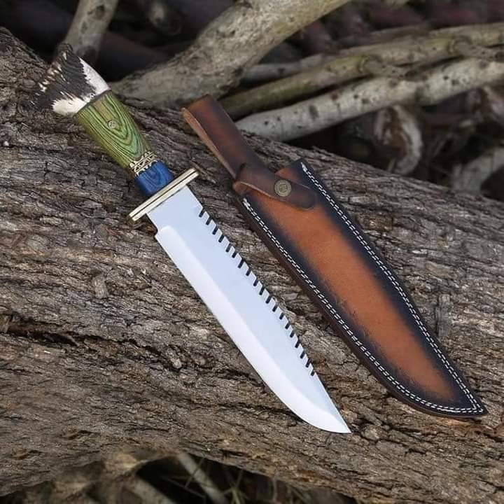 14 Inches Stag Handled Custom Bowie Knife D2 Full Tang Fixed Blade Hunting Knife With Leather Sheath