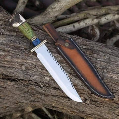 14 Inches Stag Handled Custom Bowie Knife D2 Full Tang Fixed Blade Hunting Knife With Leather Sheath