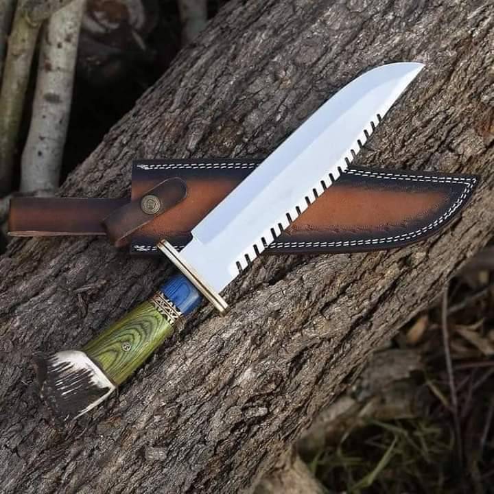 14 Inches Stag Handled Custom Bowie Knife D2 Full Tang Fixed Blade Hunting Knife With Leather Sheath