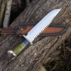 14 Inches Stag Handled Custom Bowie Knife D2 Full Tang Fixed Blade Hunting Knife With Leather Sheath
