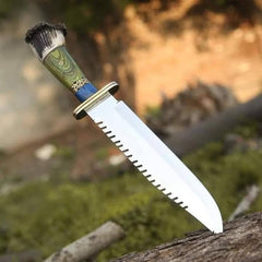 14 Inches Stag Handled Custom Bowie Knife D2 Full Tang Fixed Blade Hunting Knife With Leather Sheath