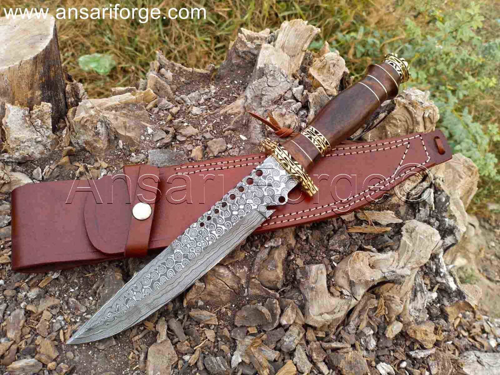 12 Inch Hunting Knife with a hand-forged Damascus steel blade and rosewood handle, displayed on a rustic wooden background.