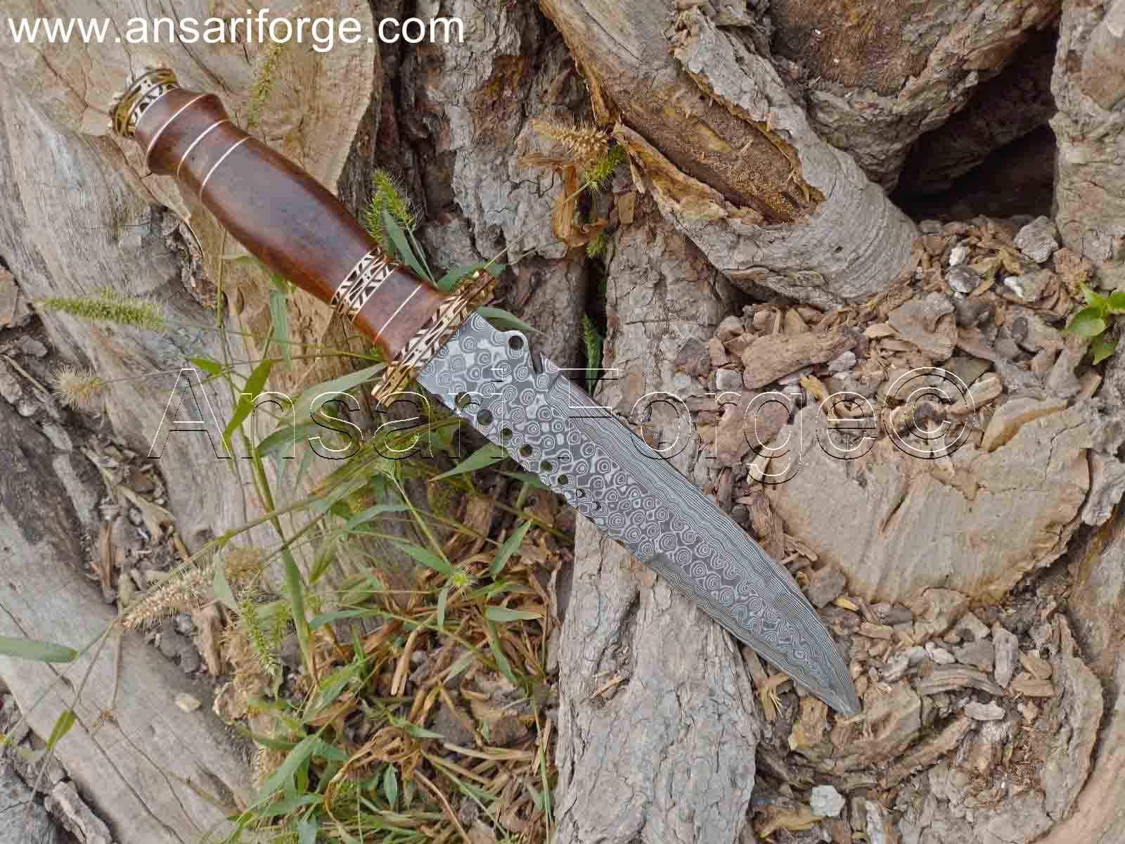 Ansari Forge hunting knife positioned on a log in a forest setting, illustrating its rugged design and suitability for outdoor adventures.