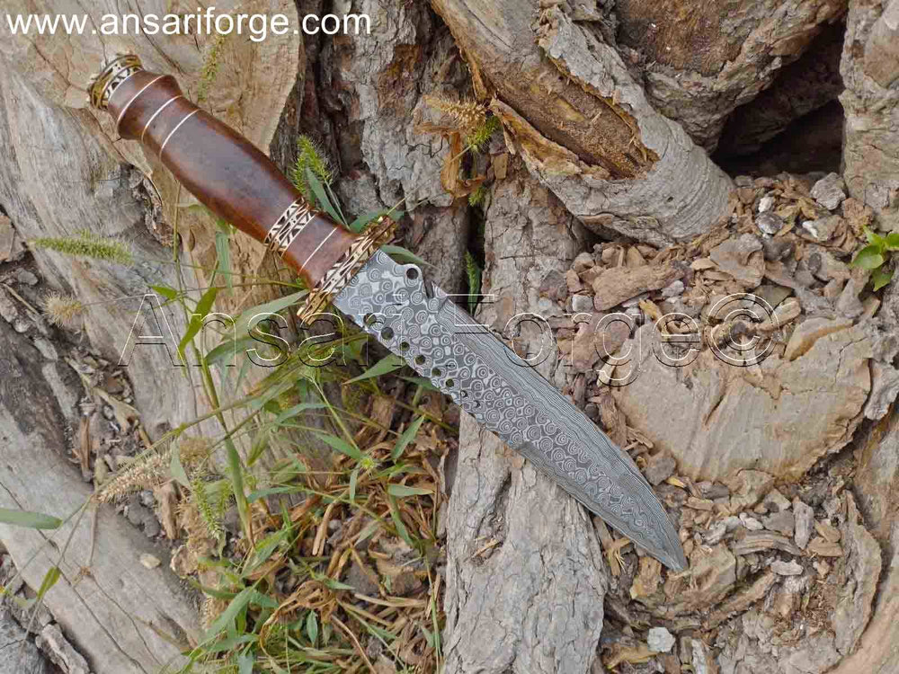 Ansari Forge hunting knife positioned on a log in a forest setting, illustrating its rugged design and suitability for outdoor adventures.